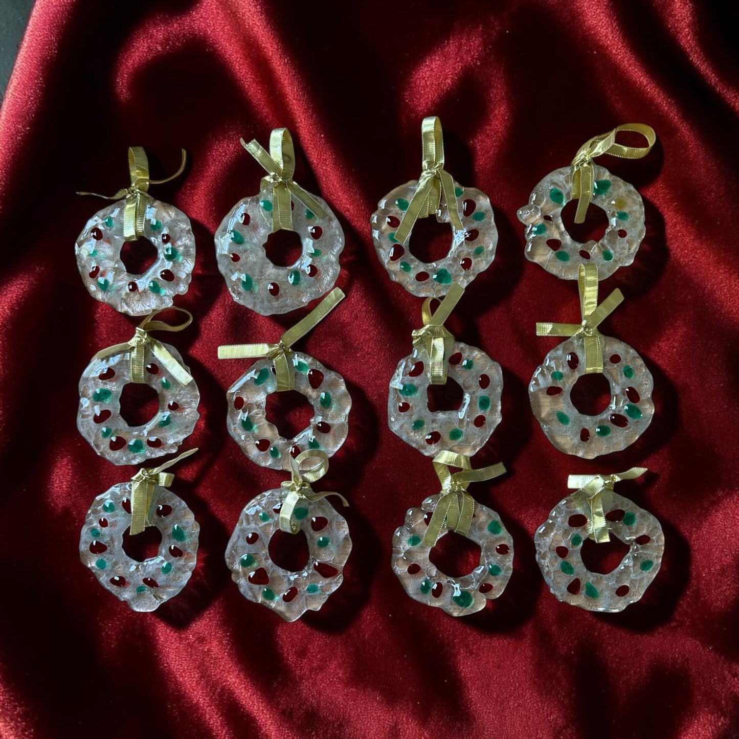 Homemade Fused Glass Christmas Wreath Ornament with Translucent Red and Green Lights