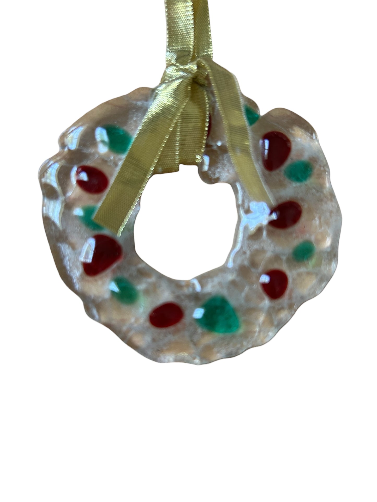 Homemade Fused Glass Christmas Wreath Ornament with Translucent Red and Green Lights