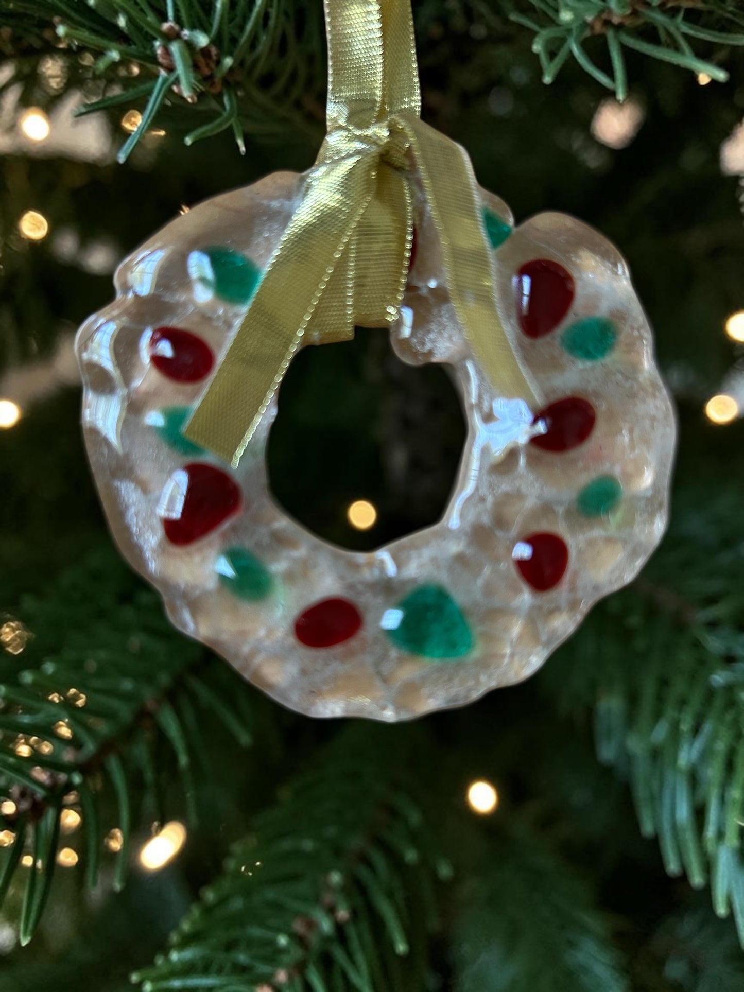 Homemade Fused Glass Christmas Wreath Ornament with Translucent Red and Green Lights