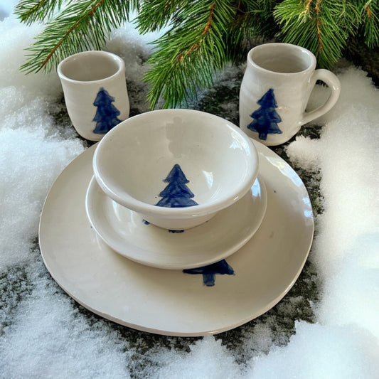 Complete Winter Trees Dinnerware Set #16 with Color Blocked Tree Designs