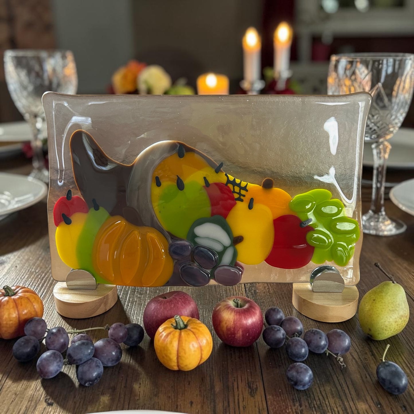 Homemade Fused Glass Panel of a Thanksgiving Cornucopia