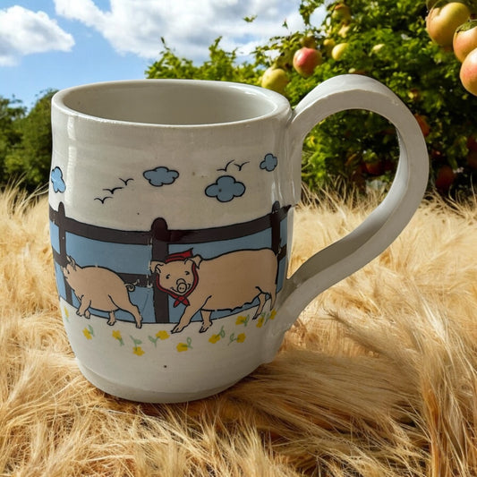 Wheel-Thrown Mug #38 with Country Pigs in a Row Design