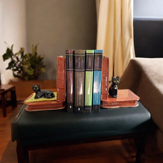 Handbuilt Ceramic Bookends with Black Cats