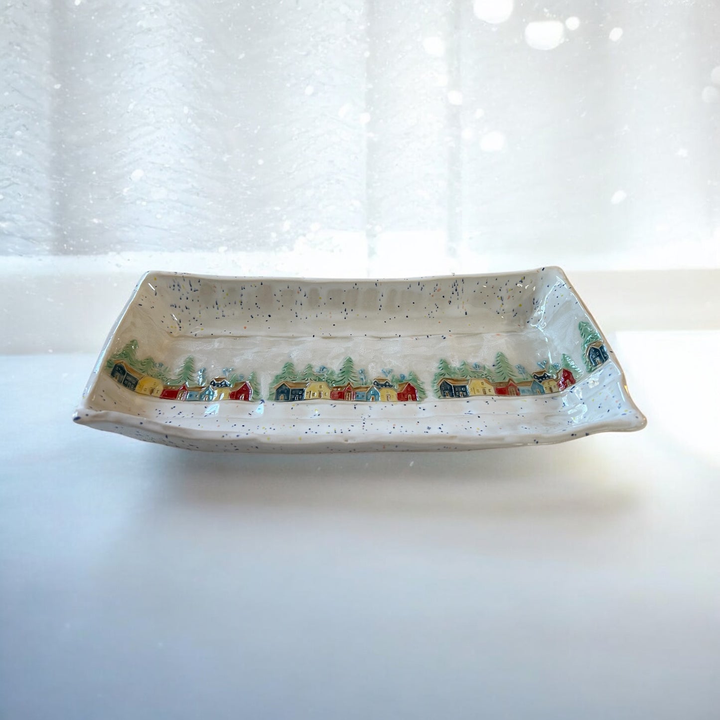 Handmade Cracker Tray #63 with Handpainted Winter Village Scene