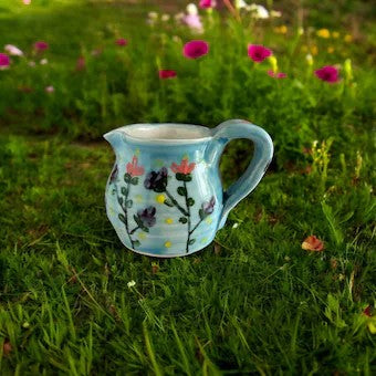 Handpainted Wheel-Thrown Creamer #38 with Stylized Flower Designs in Robin's Egg Blue