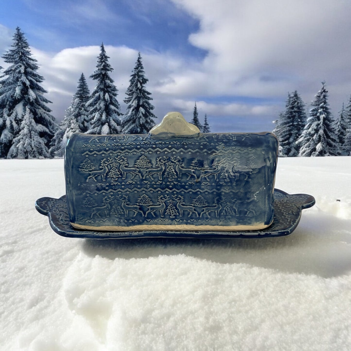 Textured Butter Dish #44 with Winter Trees and Deer Designs