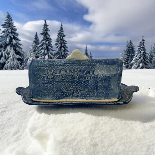 Textured Butter Dish #44 with Winter Trees and Deer Designs
