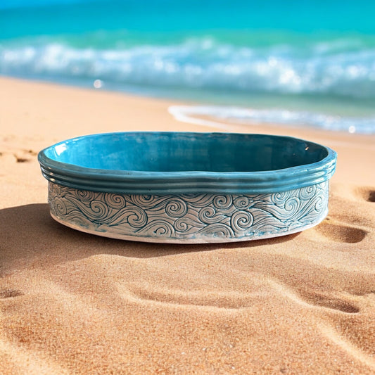 Oval Extruded Casserole #2 with Textured Waves Designs in Turquoise Green