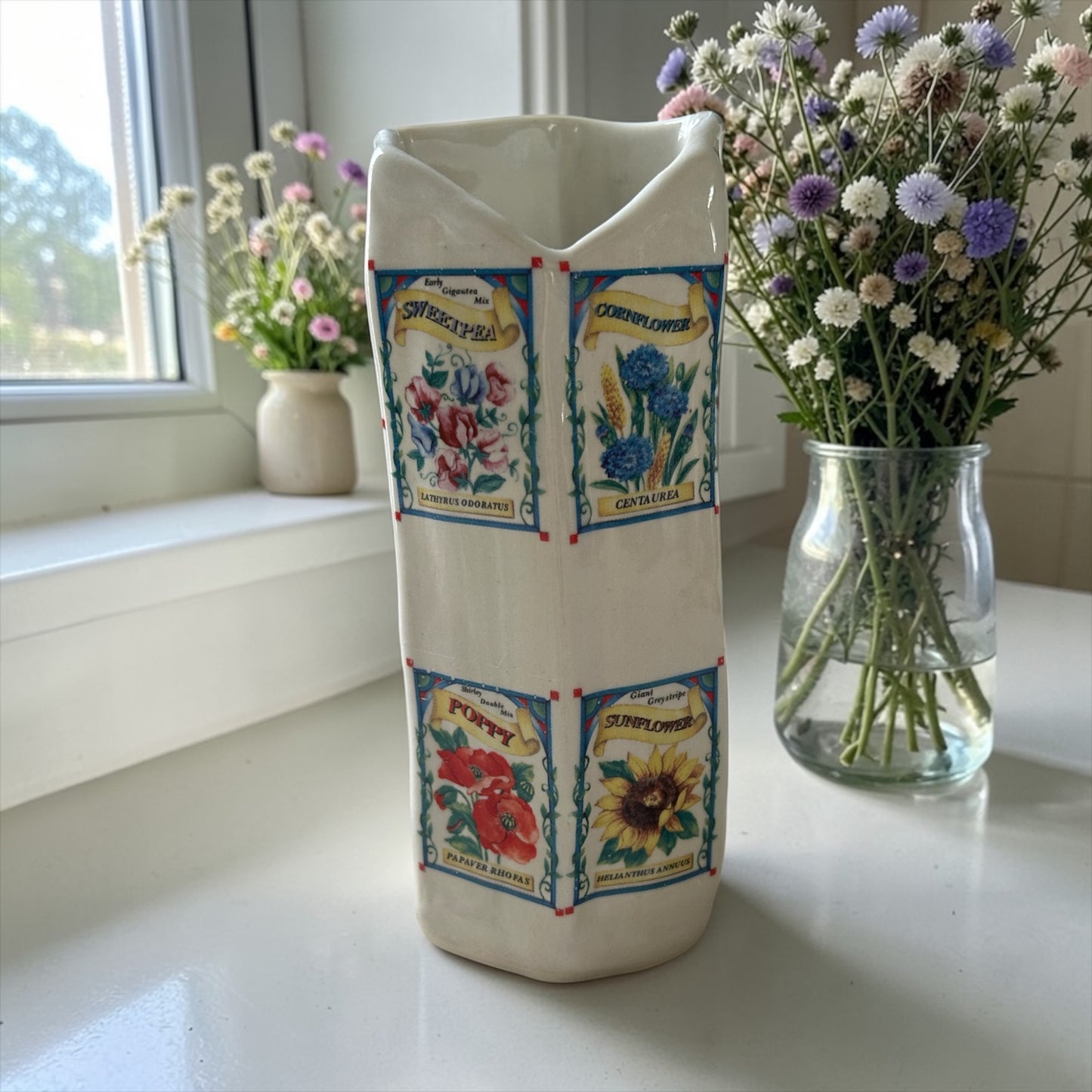 Medium Asymmetrical Extruded Vase #2 with Flower and Seed Packets Decals