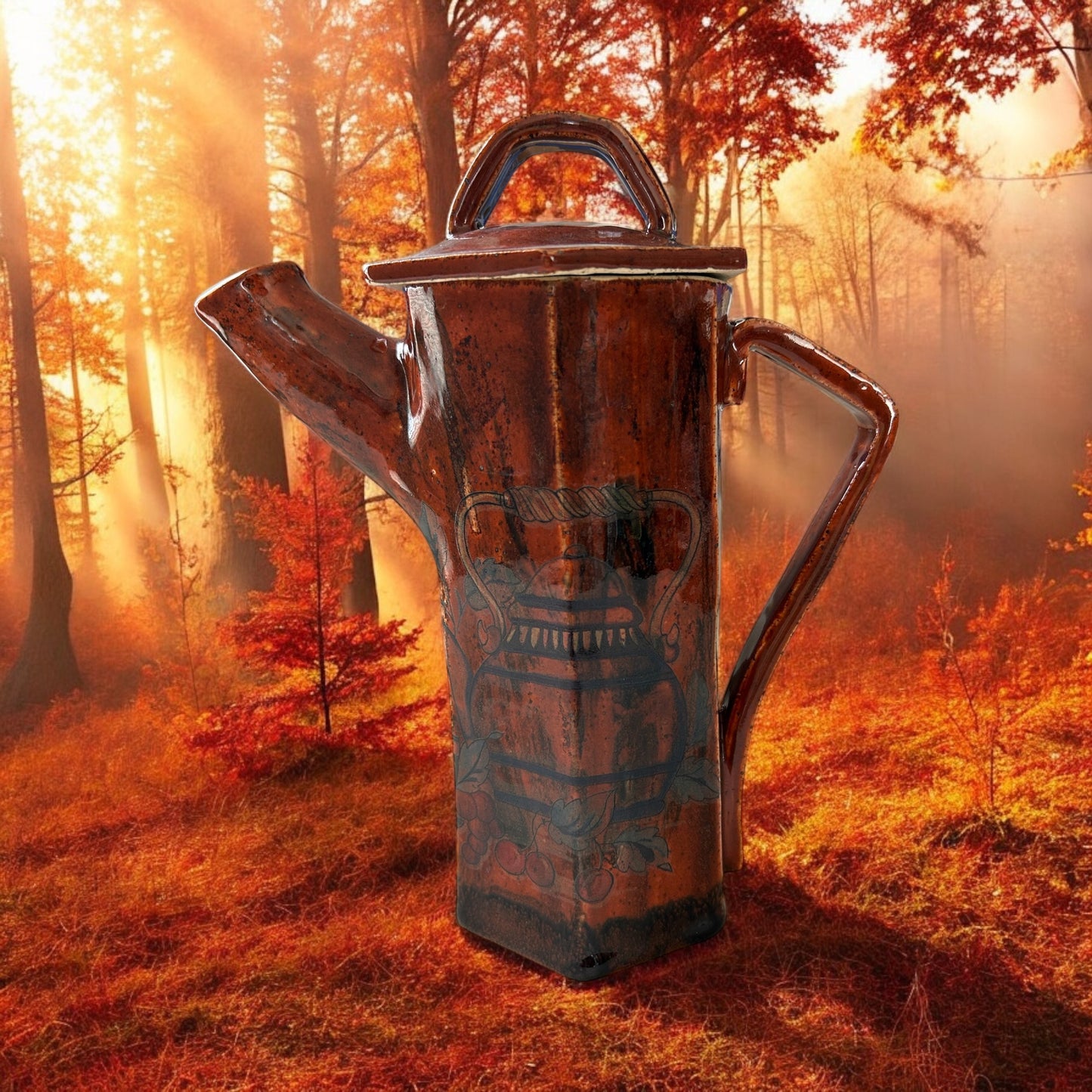 Tall Extruded Teapot with "Welcome" Ceramic Decals in Woodland Brown