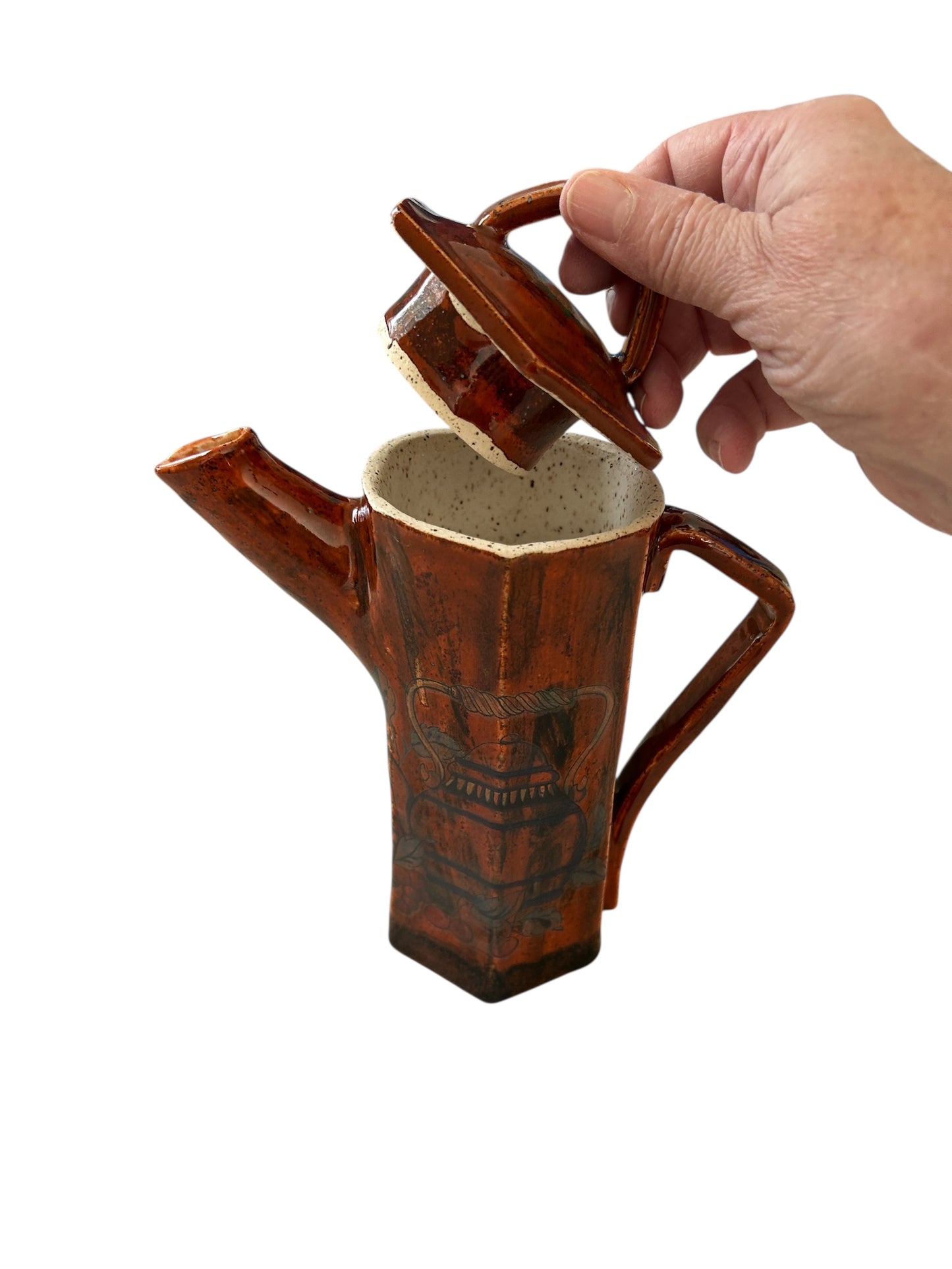Tall Extruded Teapot with "Welcome" Ceramic Decals in Woodland Brown