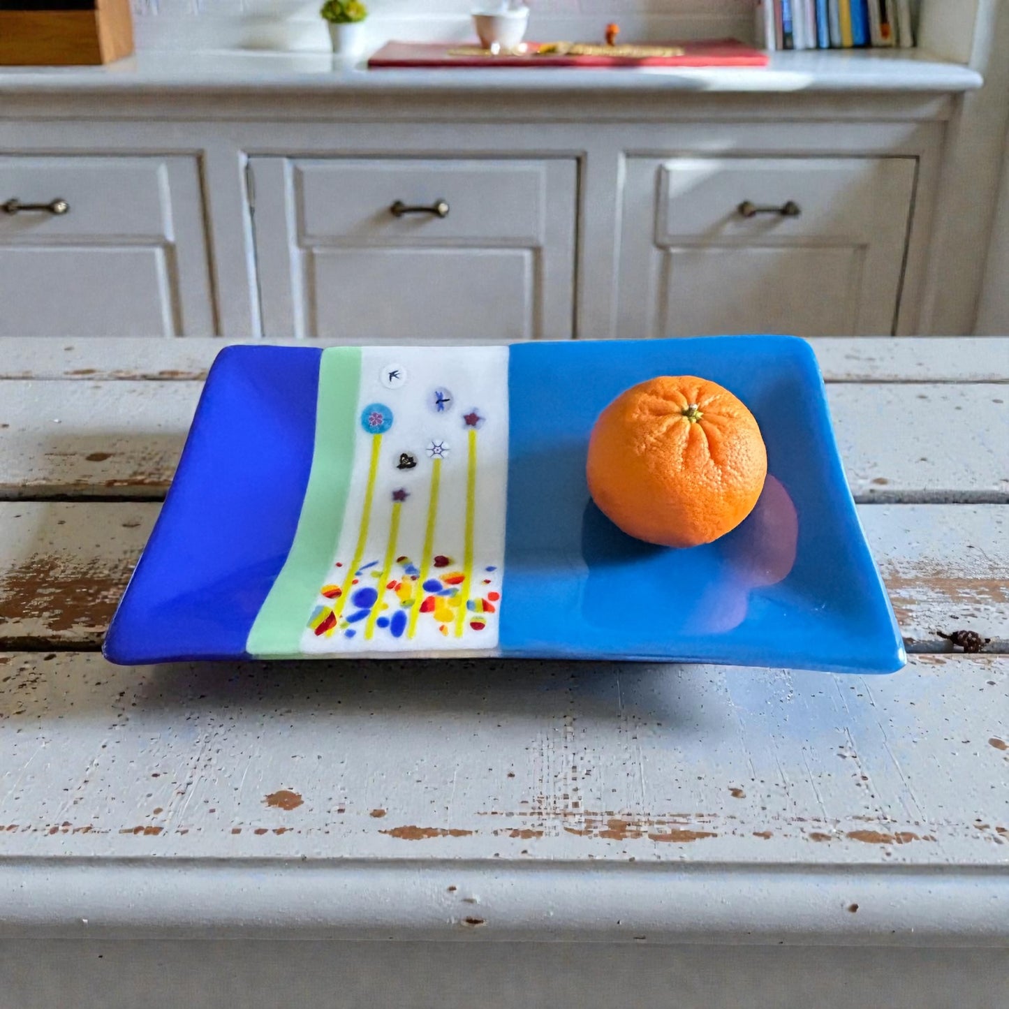 Homemade Rectangular Fused Glass Tray with Fantasy Flowers