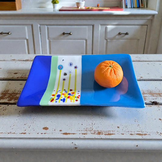 Homemade Rectangular Fused Glass Tray with Fantasy Flowers