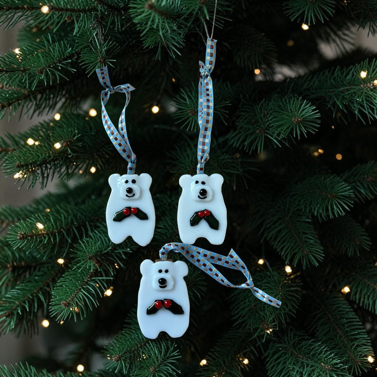 Festive Fused Glass Polar Bear Christmas Ornament