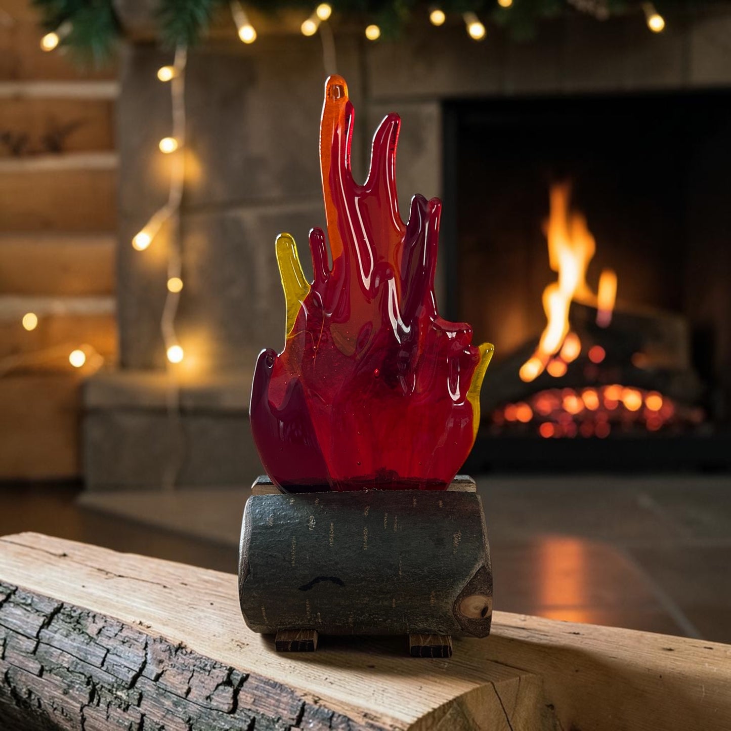 Homemade Fused Glass Flaming Fire and Aspen Wood Sculpture