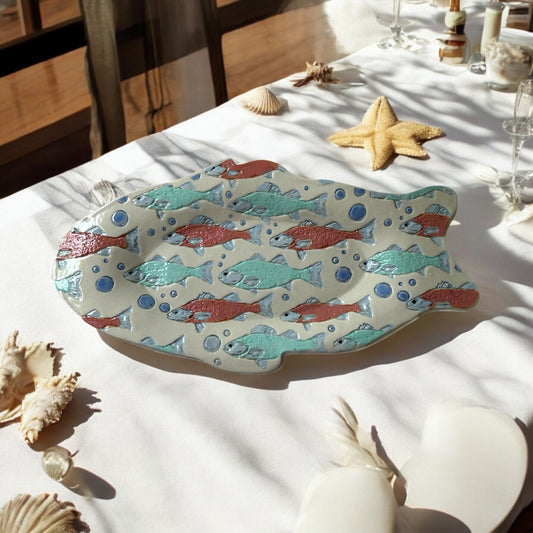 Individual Textured Handpainted Fish Tray #17 with Stylized Salmon