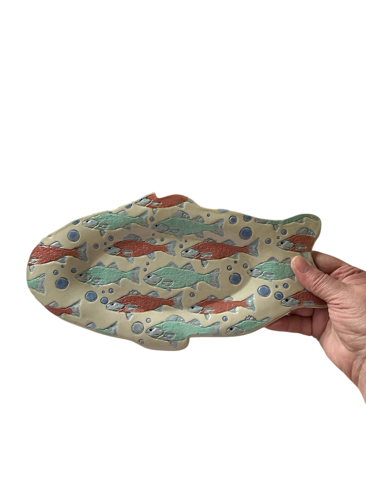 Individual Textured Handpainted Fish Tray #17 with Stylized Salmon