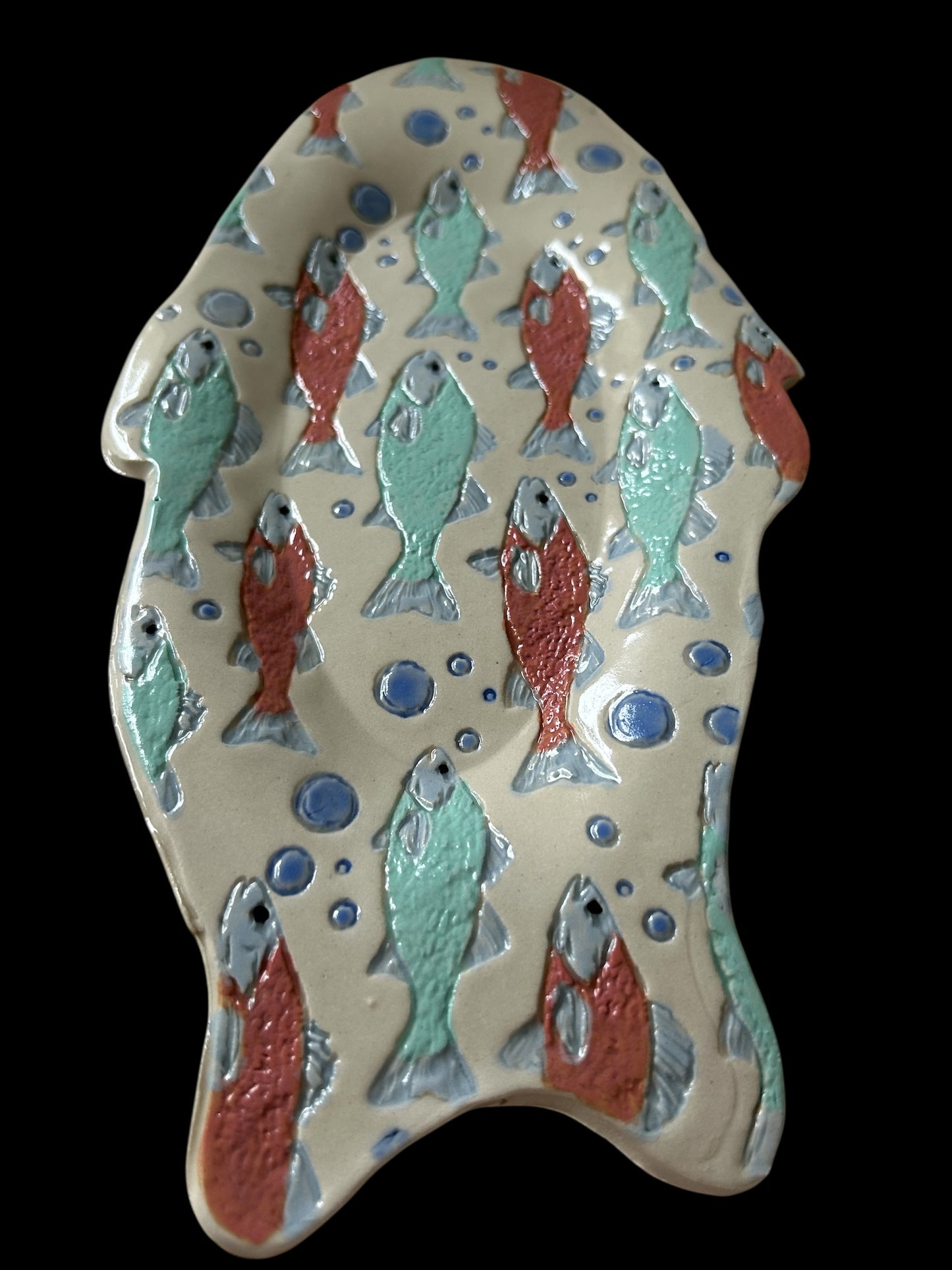 Individual Textured Handpainted Fish Tray #17 with Stylized Salmon