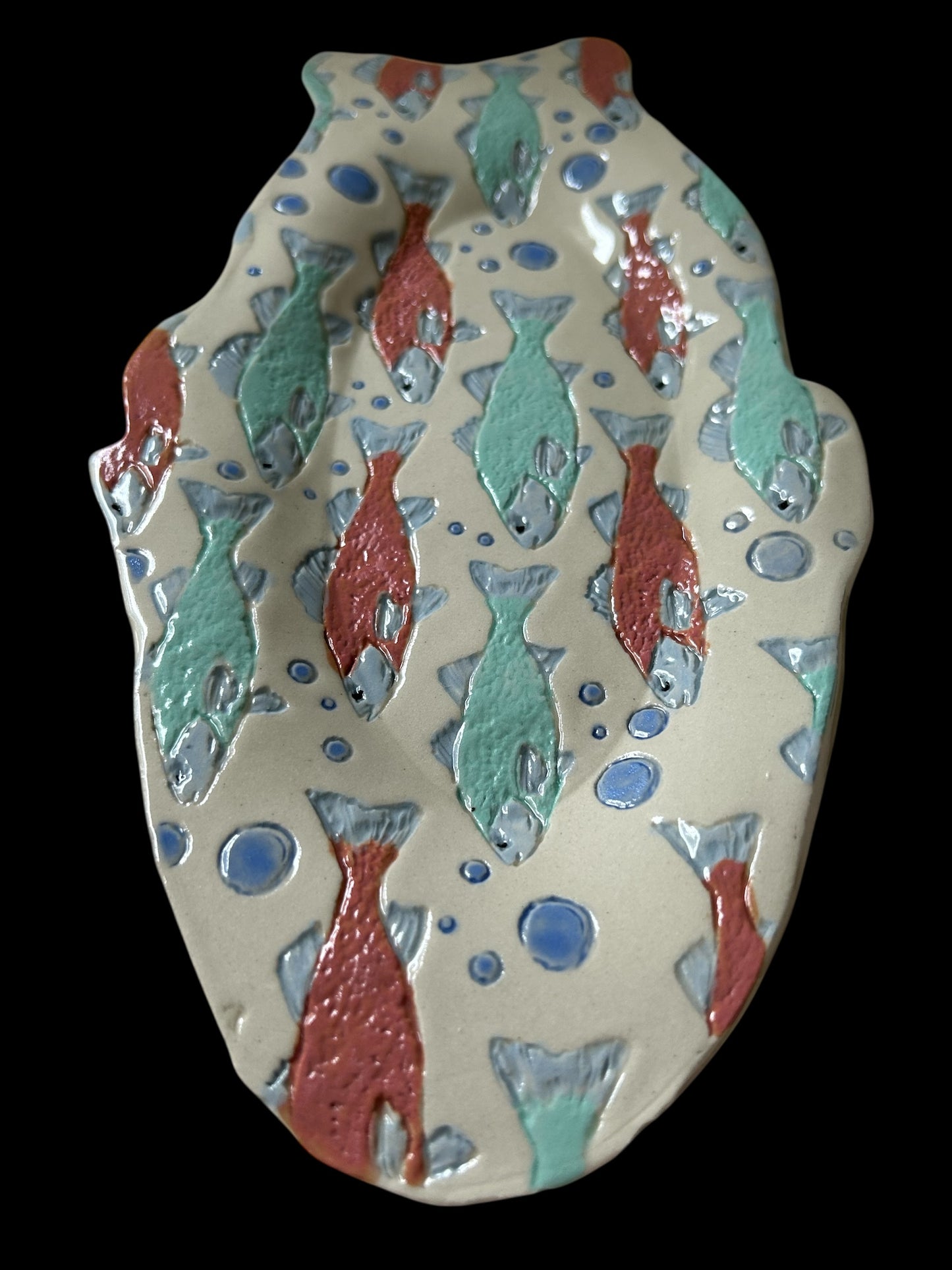 Individual Textured Handpainted Fish Tray #17 with Stylized Salmon