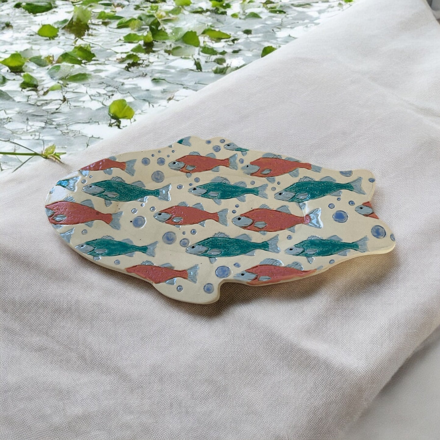 Individual Textured Fish Tray #18 with Stylized Salmon in Salmon Pink and Teal Blue