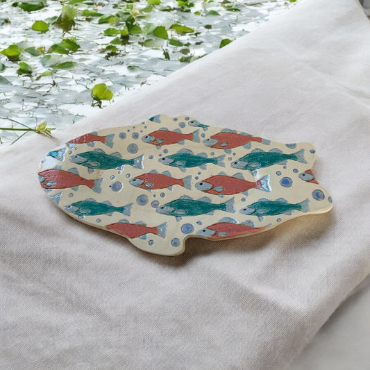 Individual Textured Fish Tray #18 with Stylized Salmon in Salmon Pink and Teal Blue