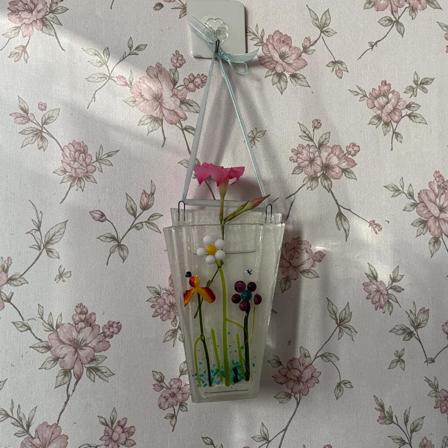 Homemade Fused Glass Pocket Vase with Fantasy Flowers Design