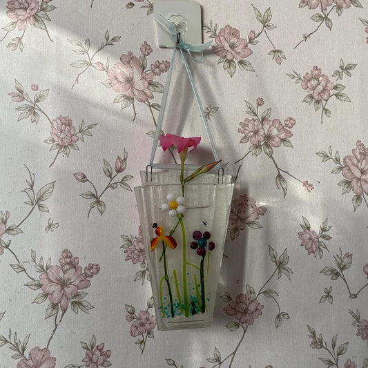 Homemade Fused Glass Pocket Vase with Fantasy Flowers Design