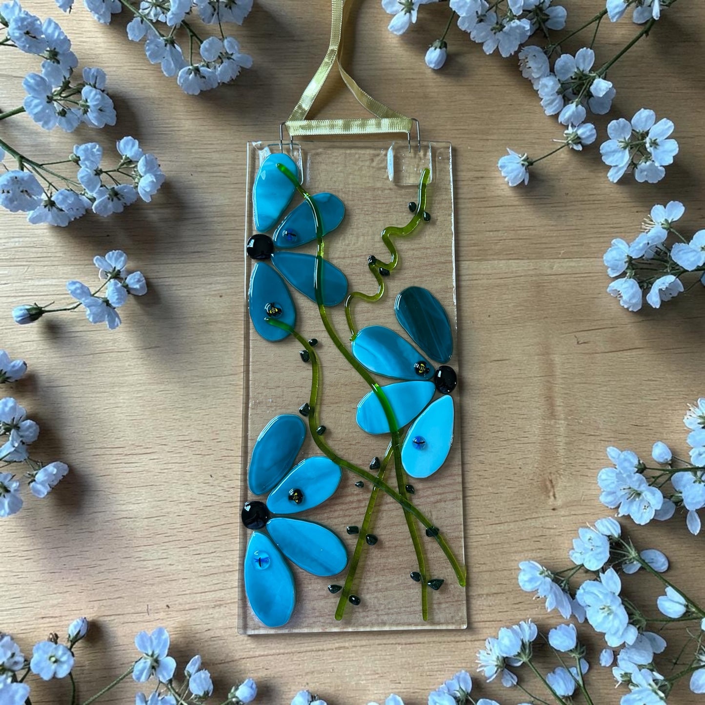 Homemade Fused Glass Flower Panel Suncatcher in Peacock Blue