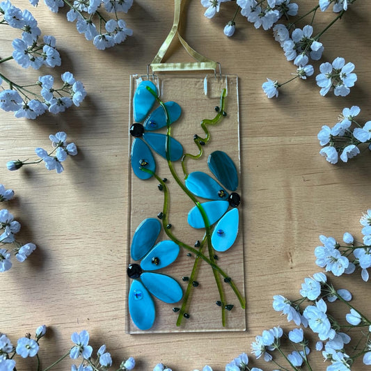 Homemade Fused Glass Flower Panel Suncatcher in Peacock Blue