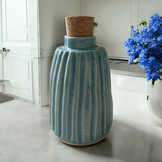 Medium Fluted Bottle #3 in Translucent Blue Lagoon with Natural Cork Top