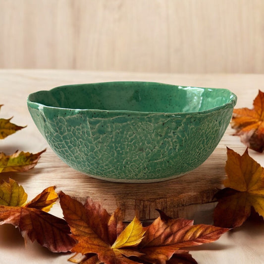 Large Freeform Textured Salad Bowl #31 with Fall Leaves in Translucent Jade Green