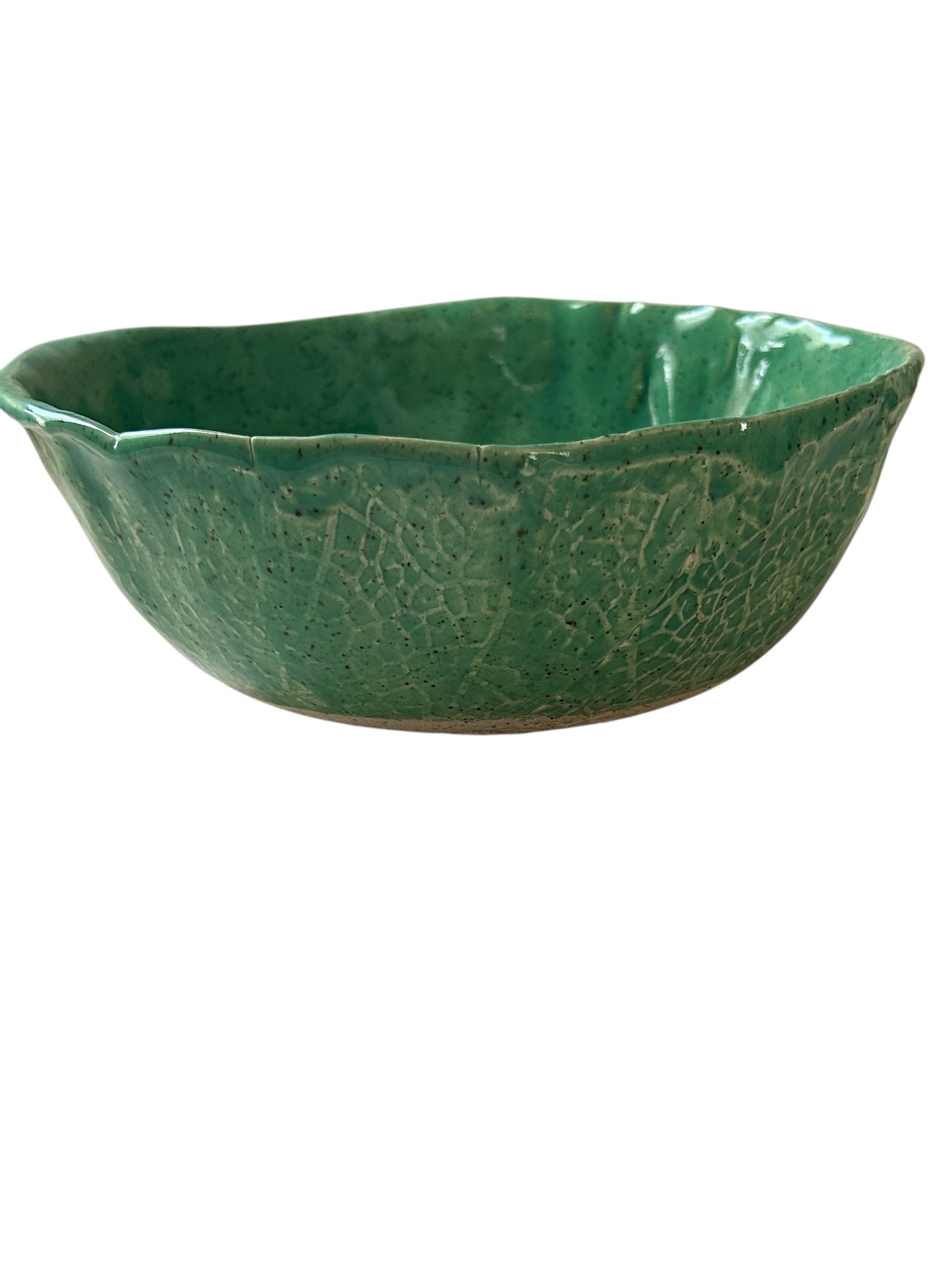 Large Freeform Textured Salad Bowl #31 with Fall Leaves in Translucent Jade Green