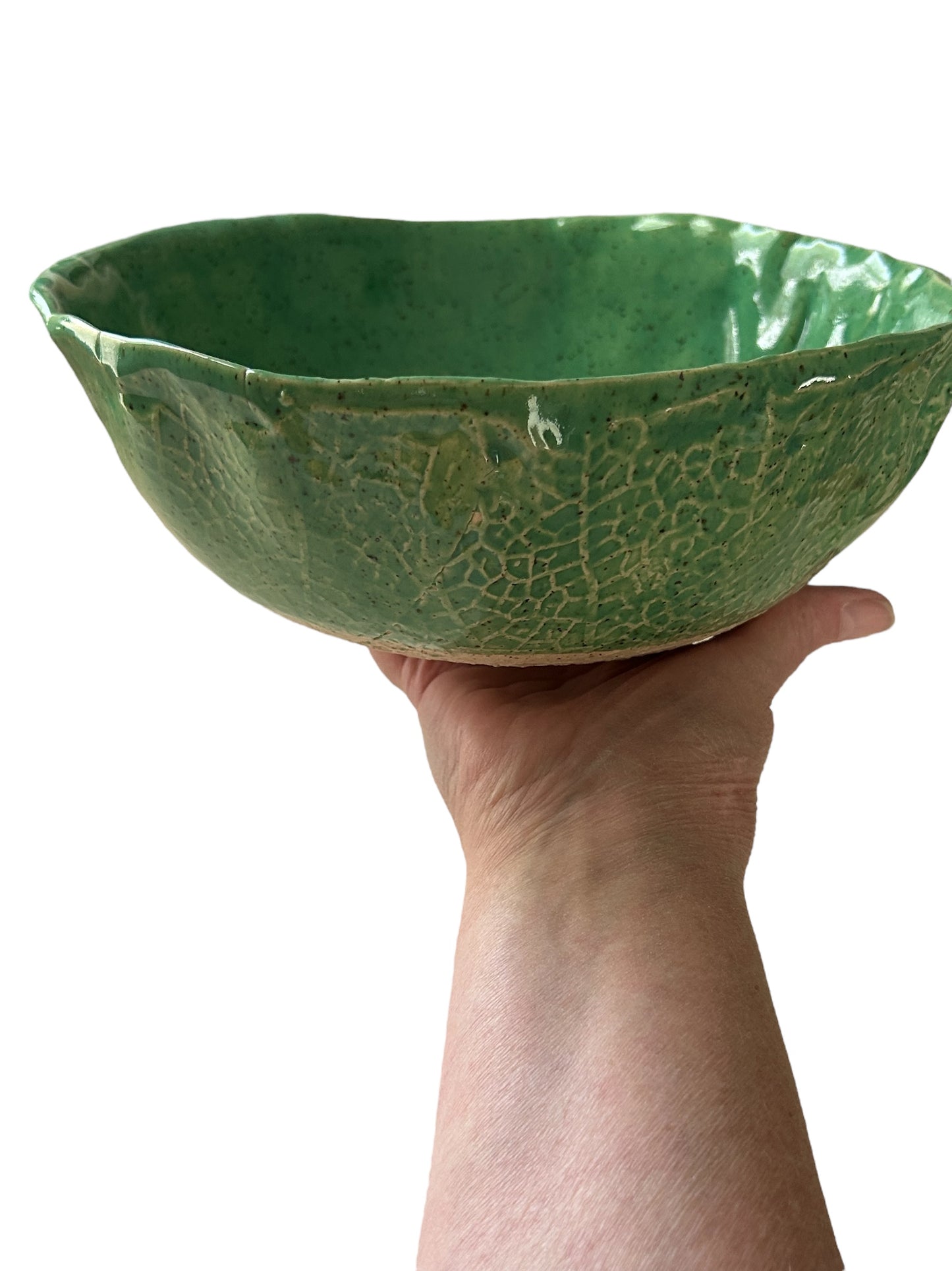 Large Freeform Textured Salad Bowl #31 with Fall Leaves in Translucent Jade Green