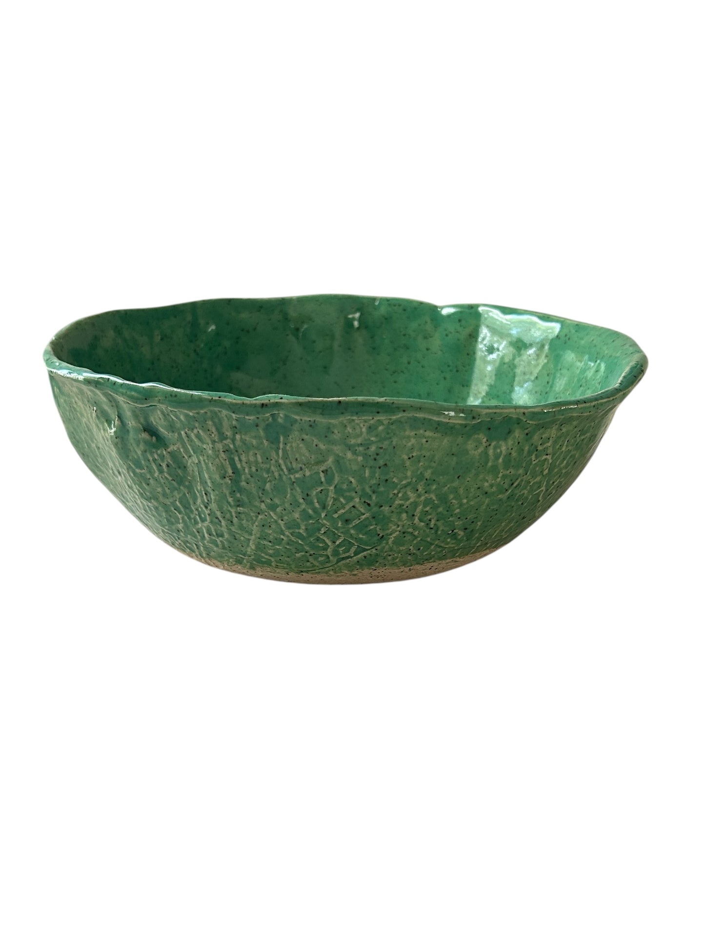 Large Freeform Textured Salad Bowl #31 with Fall Leaves in Translucent Jade Green