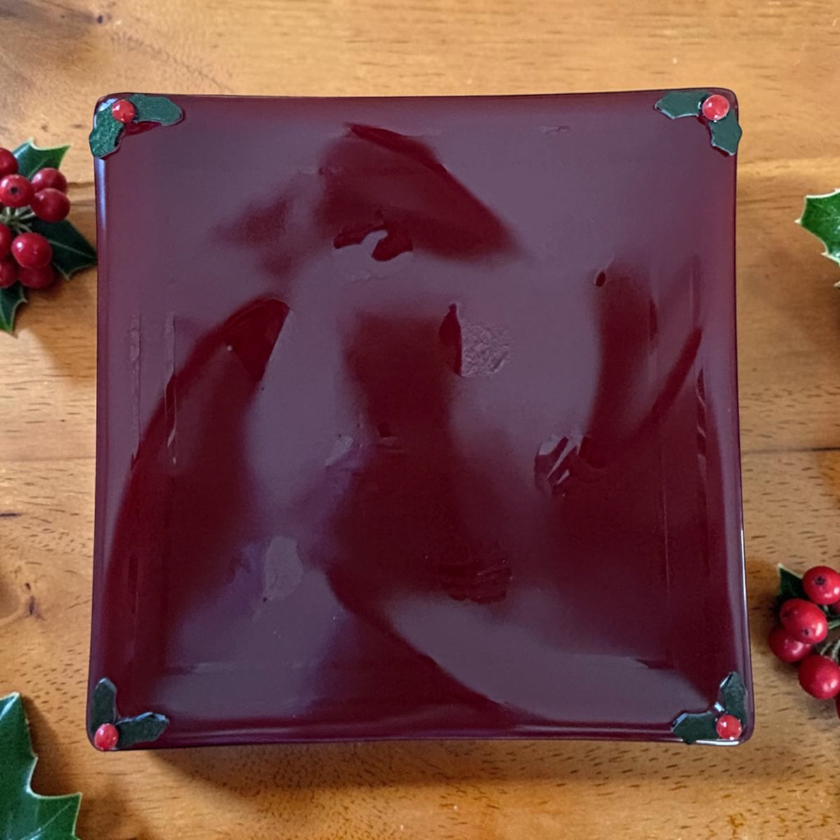 Homemade Fused Glass Christmas Tray with Ghost Images of Santa and Holly Berries in Garnet Red