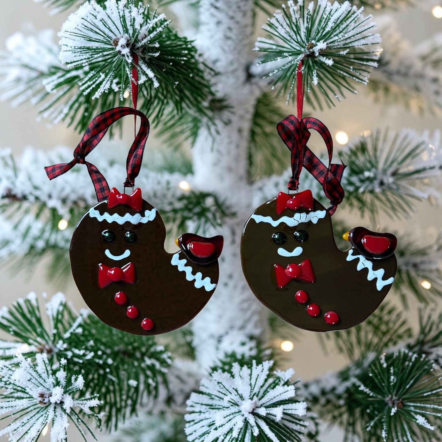 Homemade Fused Glass Gingerbread Man and Bird Christmas Ornament
