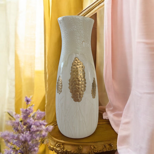 Slip Cast Textured Vase with Carved Grape Hyacinths with Gold Leaf Accents 7"