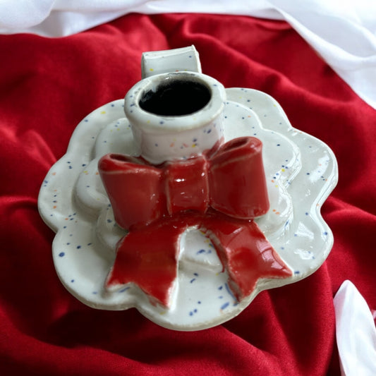 Handbuilt Taper Candlestick Holders #1 in Speckled White with Red Bow