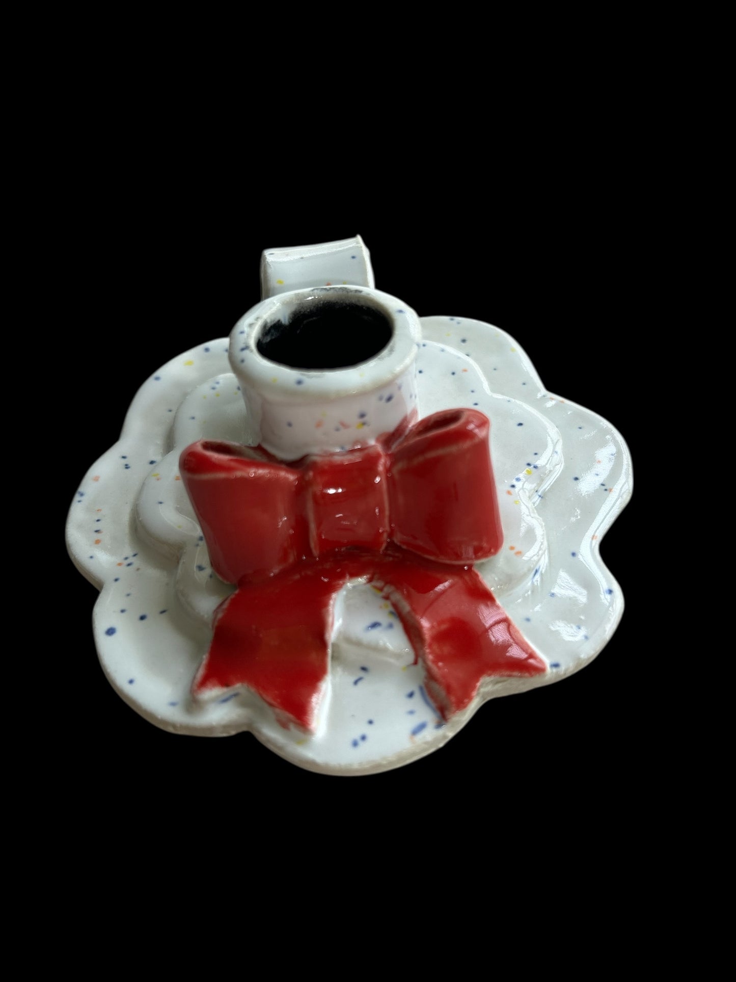 Handbuilt Taper Candlestick Holders #1 in Speckled White with Red Bow