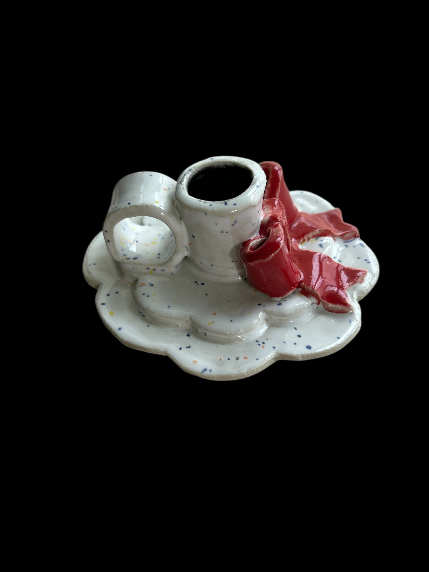 Handbuilt Taper Candlestick Holders #1 in Speckled White with Red Bow