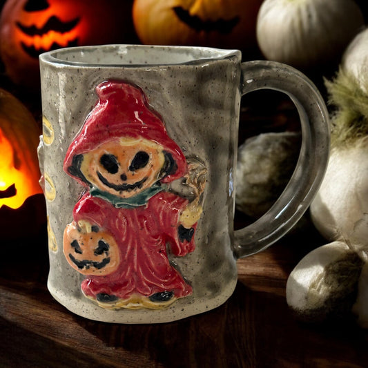 Handbuilt Slab Sculpture Mug #25 with Halloween Ghoulies on Speckled Clay