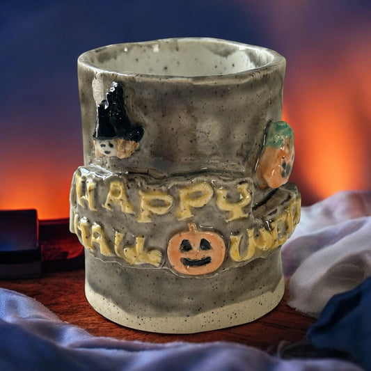 Handbuilt Slab Halloween Sculpture Mug #26 with Witch, Ghost, and Pumpkin