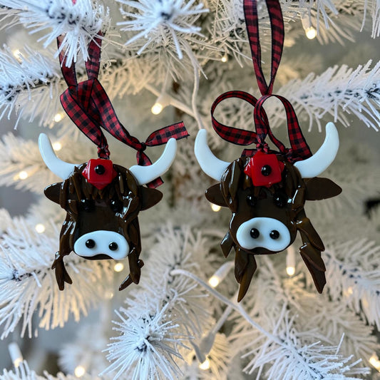 Homemade Fused Glass Highland Coo Christmas Ornament