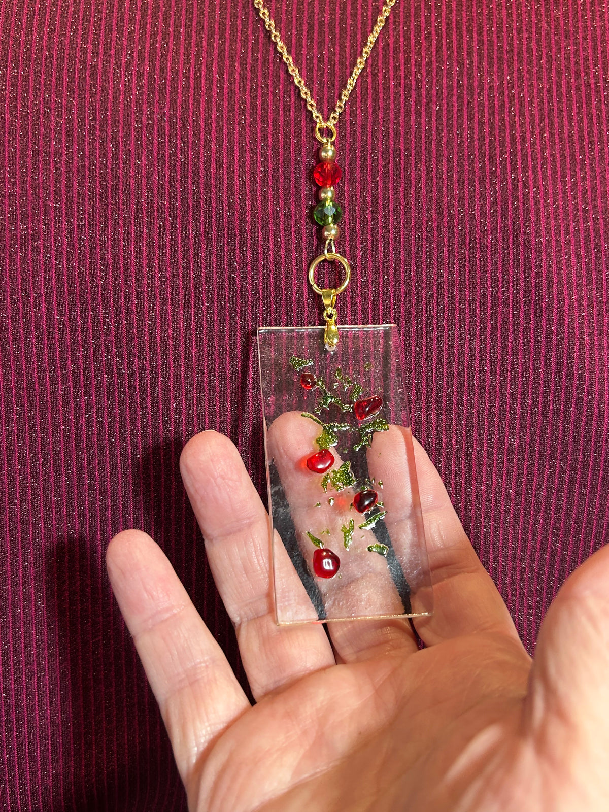 Homemade Fused Glass Pendant Necklace with Holly Berry Design