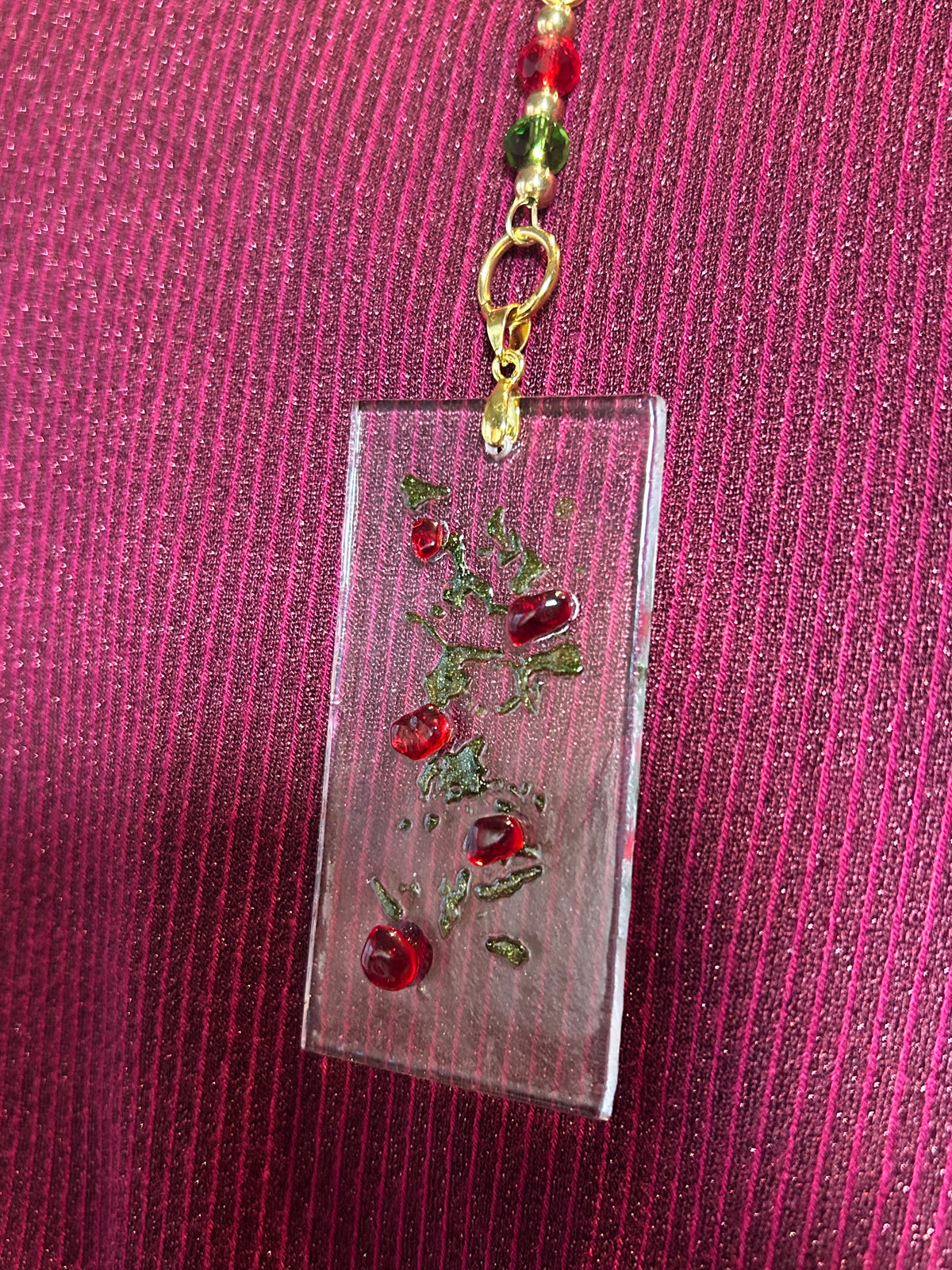 Homemade Fused Glass Pendant Necklace with Holly Berry Design