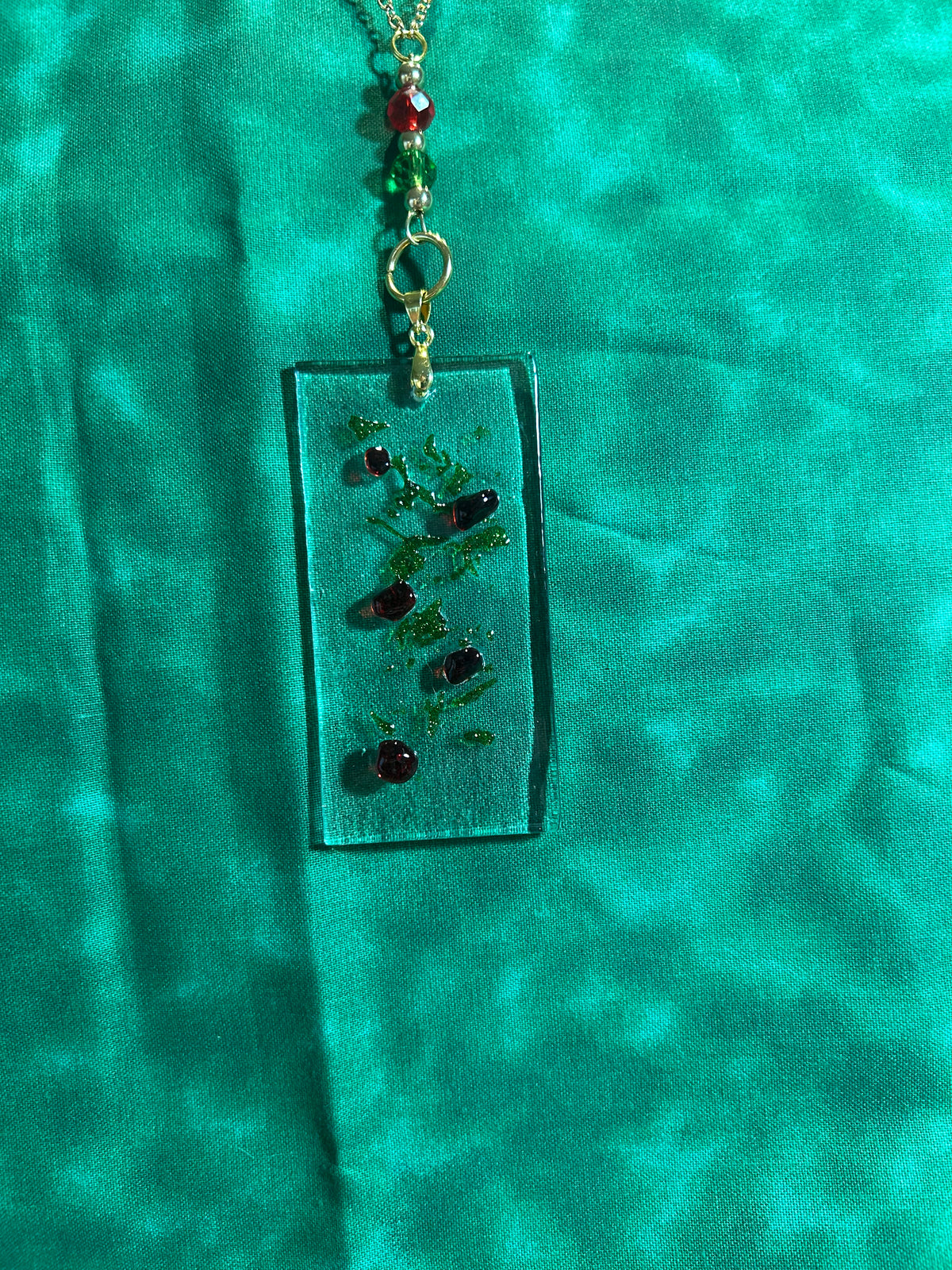 Homemade Fused Glass Pendant Necklace with Holly Berry Design