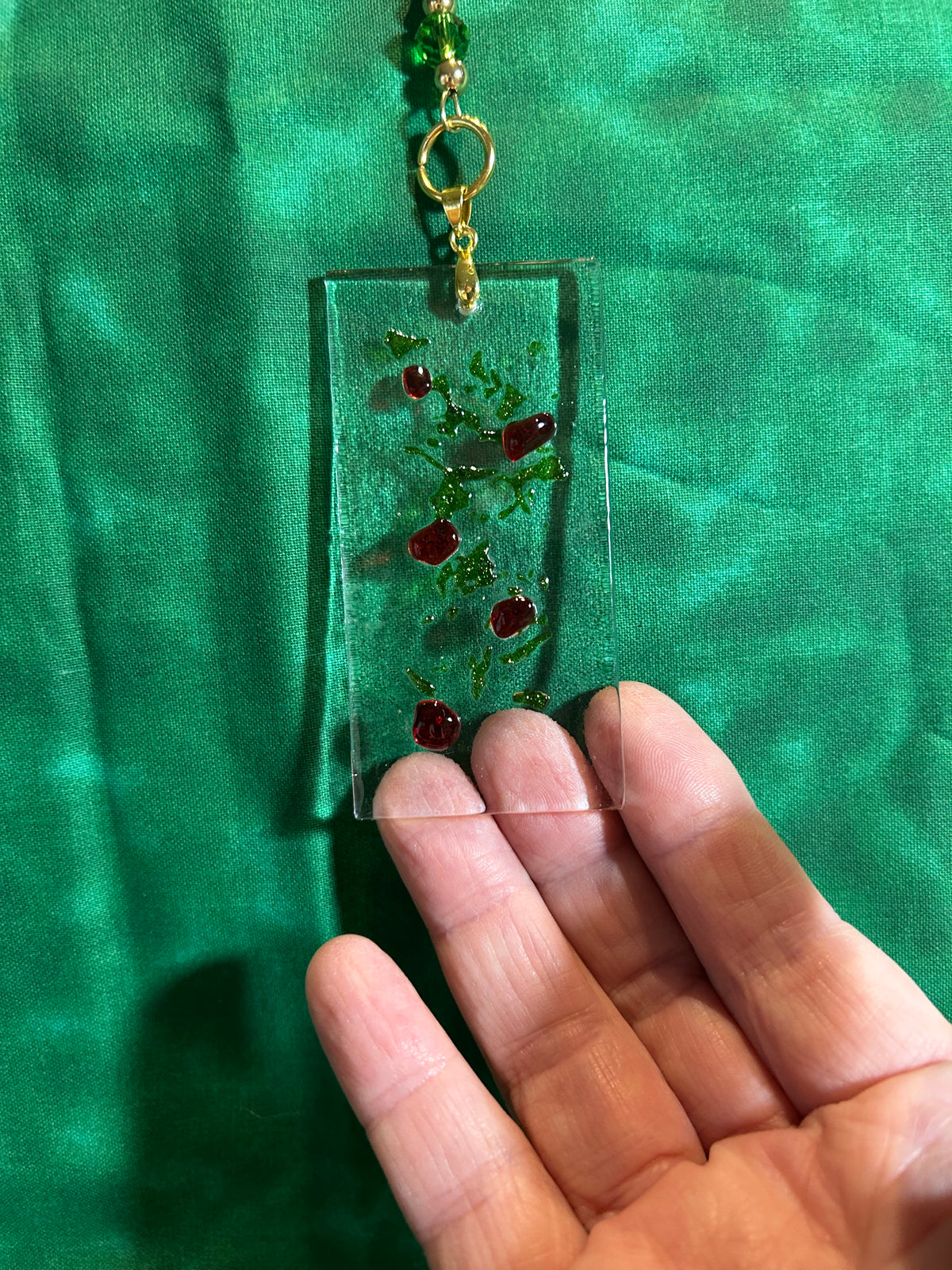 Homemade Fused Glass Pendant Necklace with Holly Berry Design