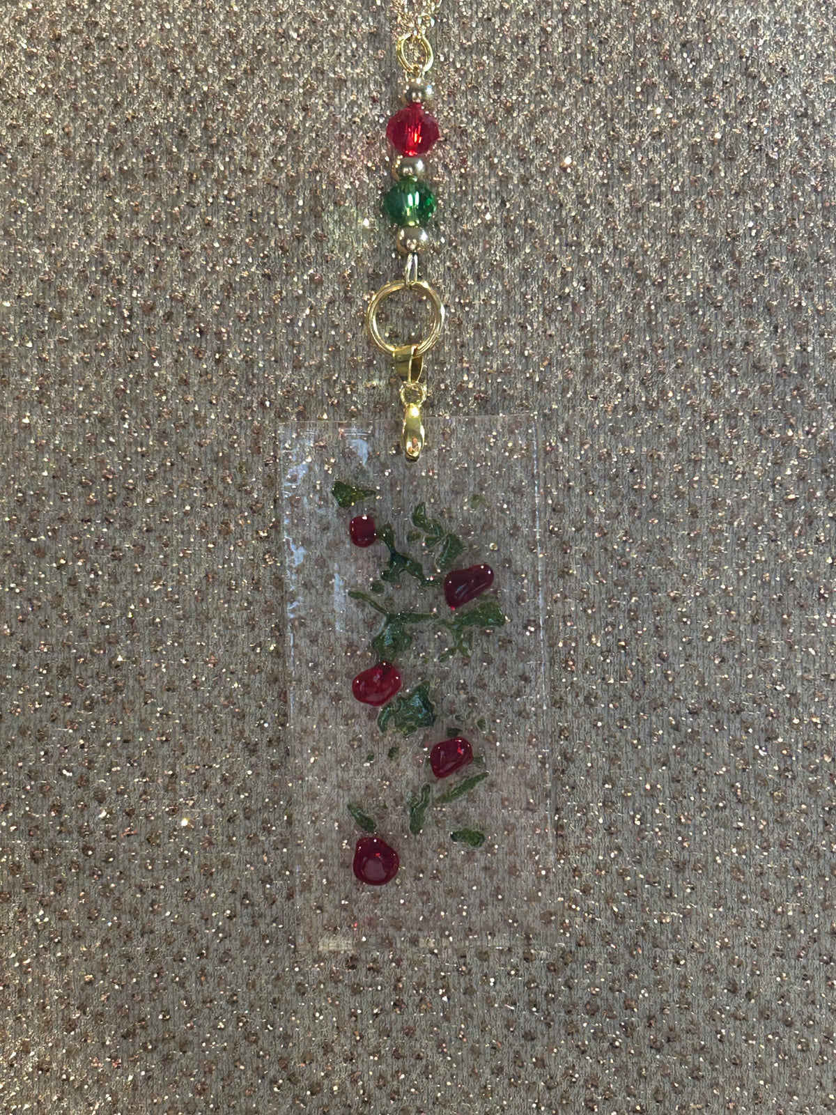 Homemade Fused Glass Pendant Necklace with Holly Berry Design