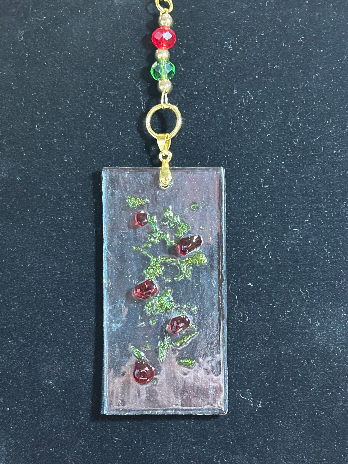 Homemade Fused Glass Pendant Necklace with Holly Berry Design