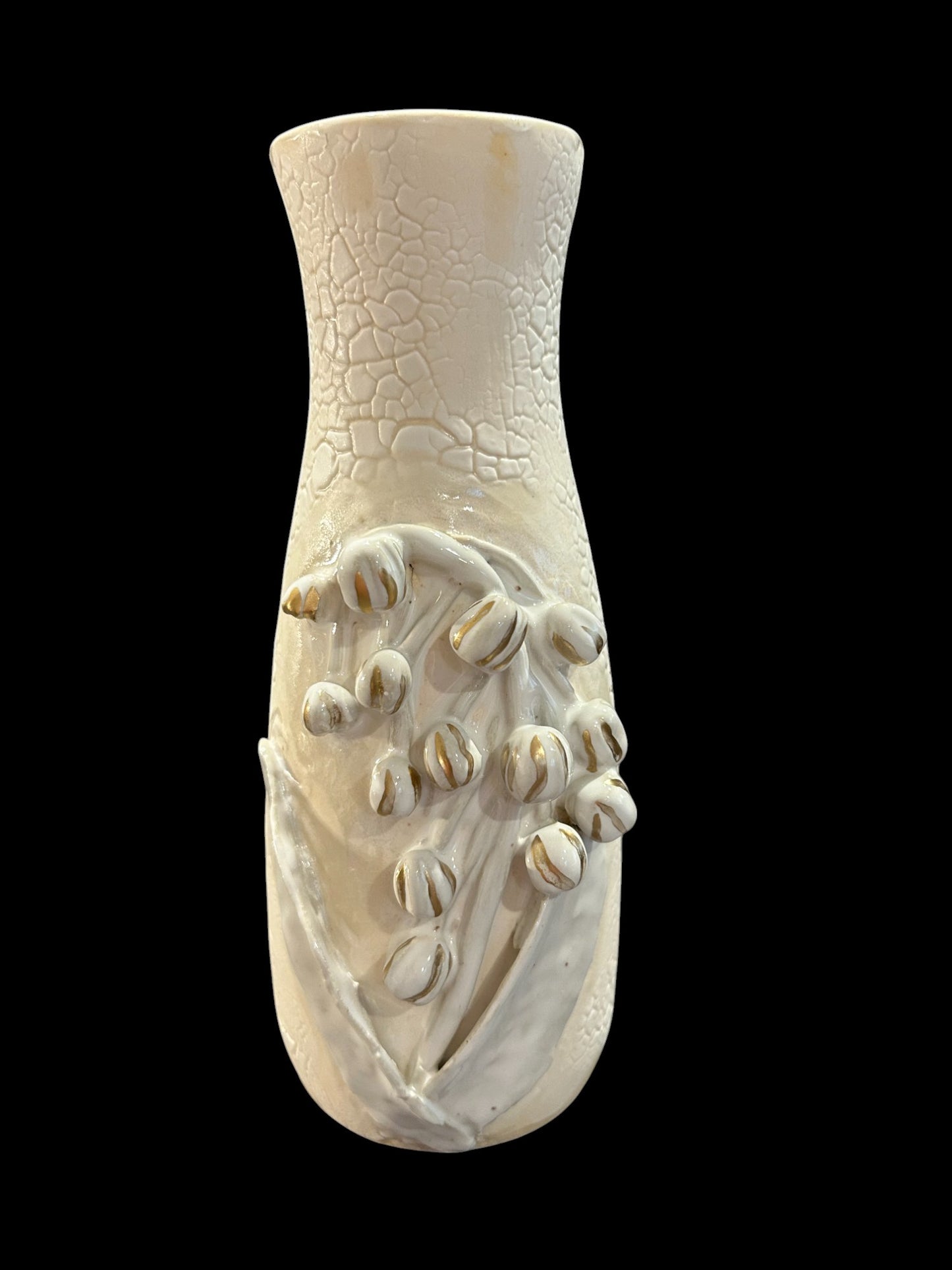 Slip Cast Textured Vase with Sculpted Lily of the Valley and Gold Leaf Accents 7"